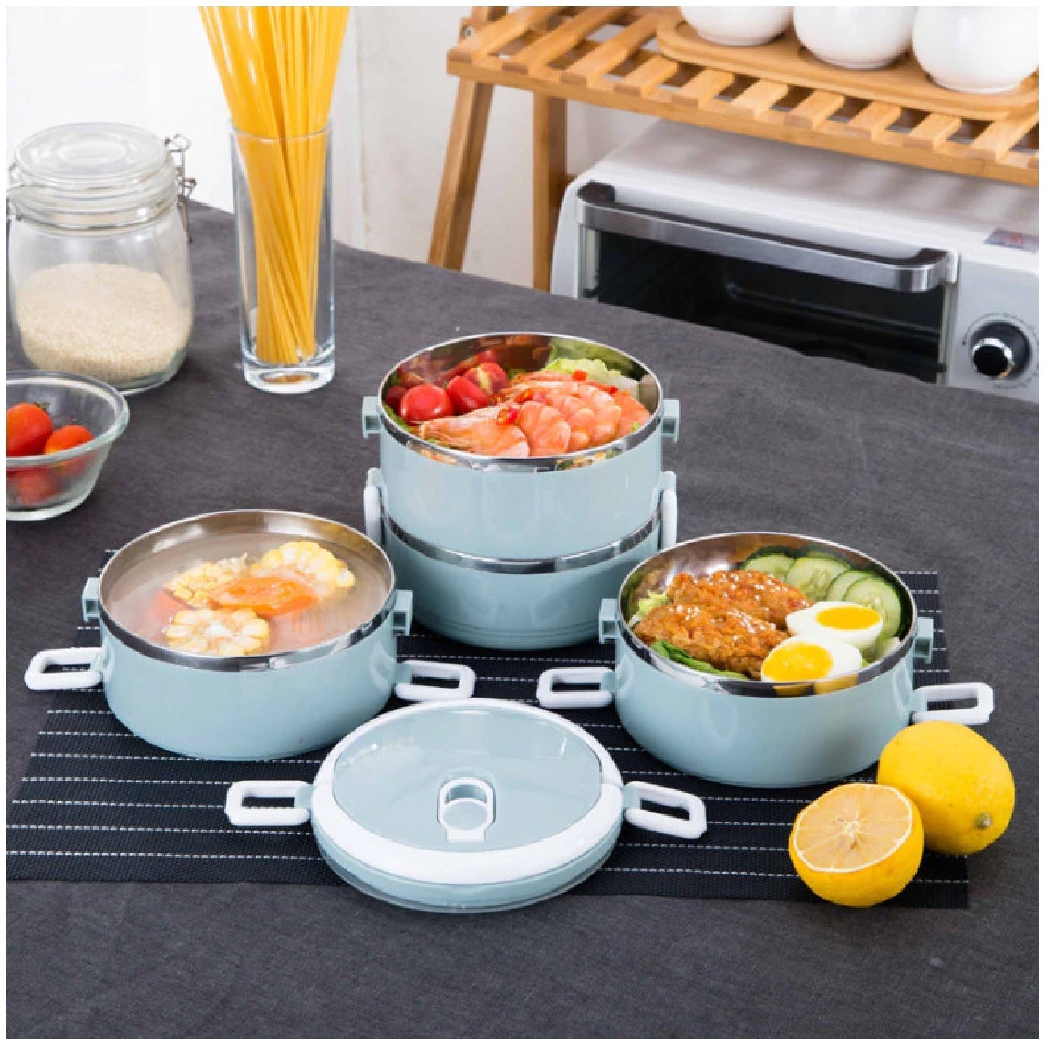 Four layer hot lunch box made from stainless steel. Four layer hot lunch box made from stainless steel.